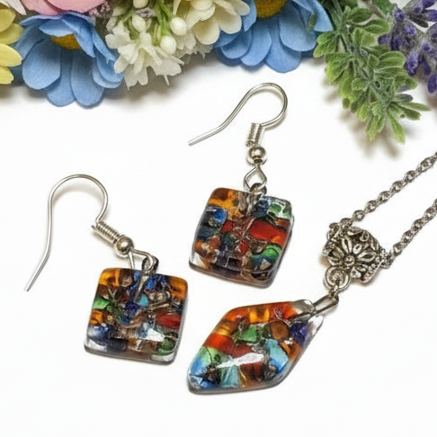 Set earrings and pendant. Repurposed Seed beads Moisaic Recycled Glass Handmade Necklace. Casual Gif for Women