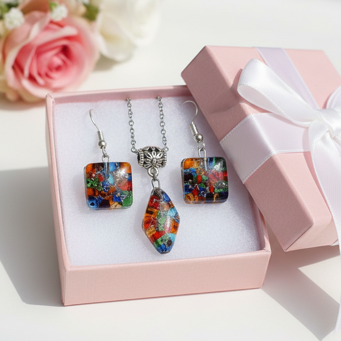 Set earrings and pendant. Repurposed Seed beads Moisaic Recycled Glass Handmade Necklace. Casual Gif for Women