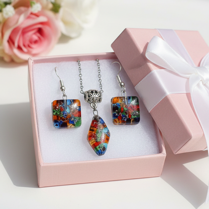 Set earrings and pendant. Repurposed Seed beads Moisaic Recycled Glass Handmade Necklace. Casual Gif for Women