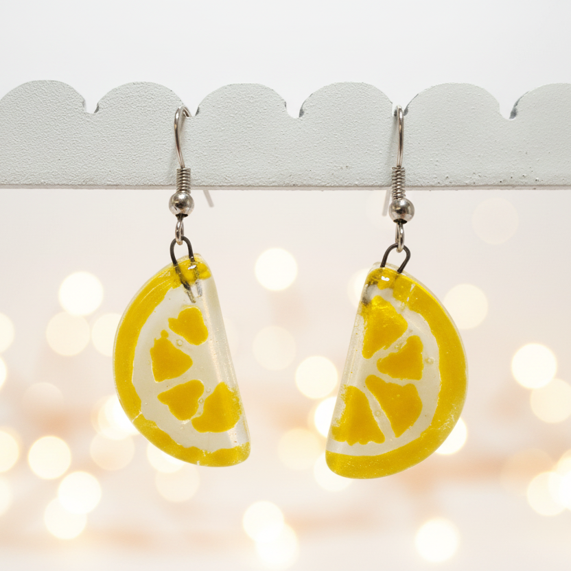 Lemon wedges Recycled Glass Drop Earrings. Purple Dangle earrings. Great gift. Fun eco friendly jewelry