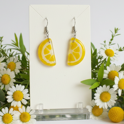 Lemon wedges Recycled Glass Drop Earrings. Purple Dangle earrings. Great gift. Fun eco friendly jewelry