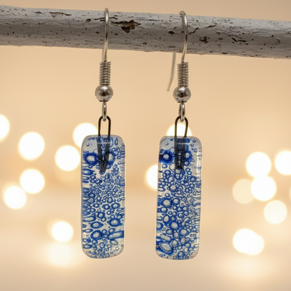 Small bar rectangle Dangle Earrings Recycled Glass. Fused drop Glass blue drop dangle earrings.