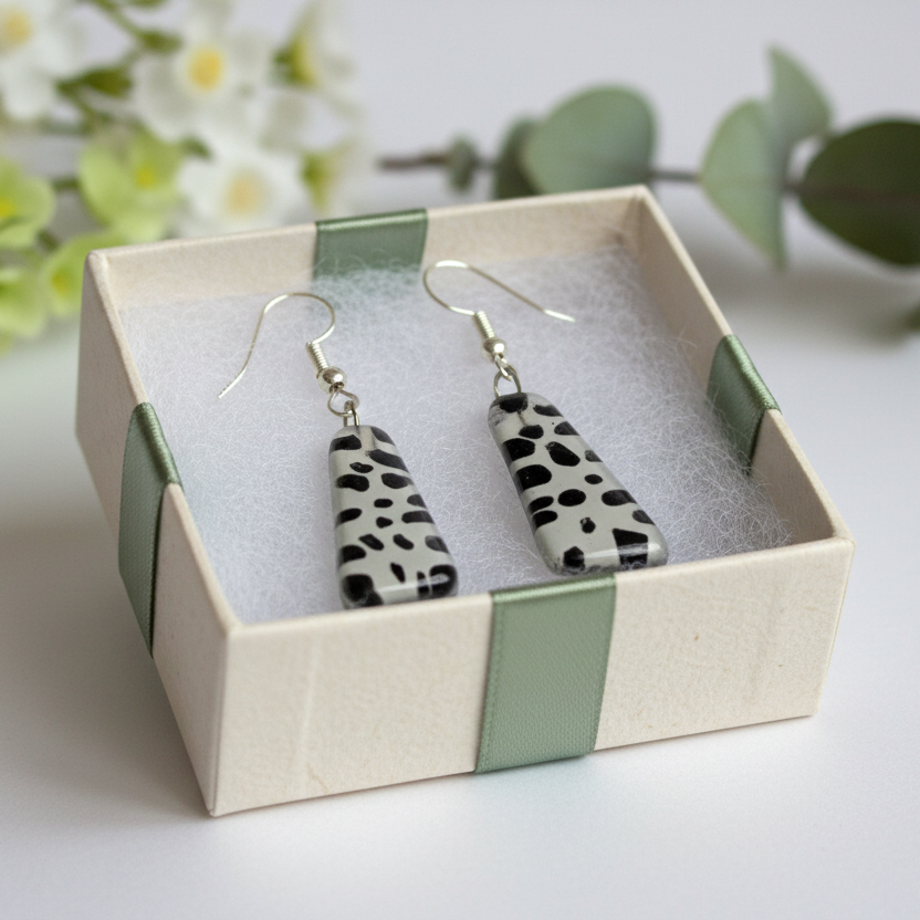 Black and  White triangles. Recycled fused glass drop earrings. Dalmatian glass dangle earrings.