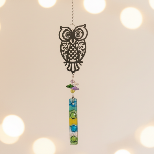 Owl hanging decoration. Hand made fused glass ornament. Colorful home decor.