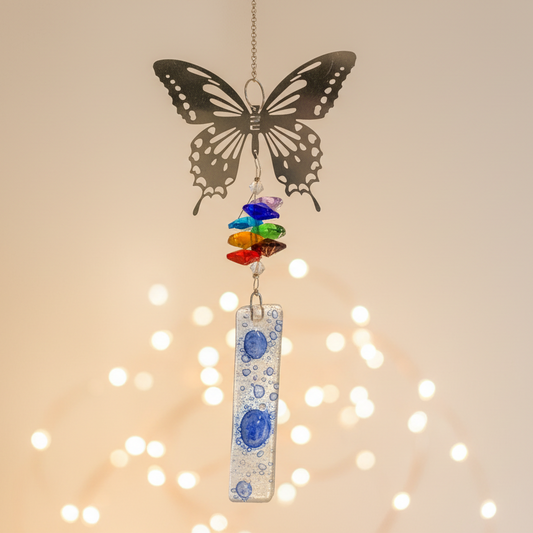 Butterfly hanging decoration. Hand made fused glass ornament. Colorful gift.