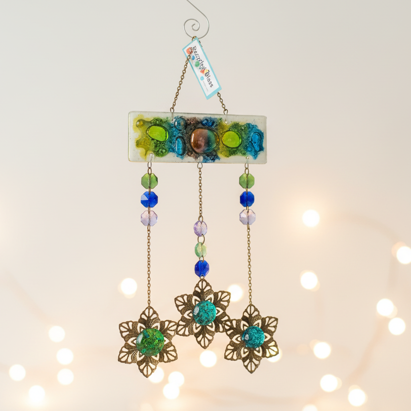 Hand painted Recycled Glass hanging decoration. Handmade fused glass ornament. Colorful home decor.