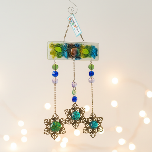 Hand painted Recycled Glass hanging decoration. Handmade fused glass ornament. Colorful home decor.