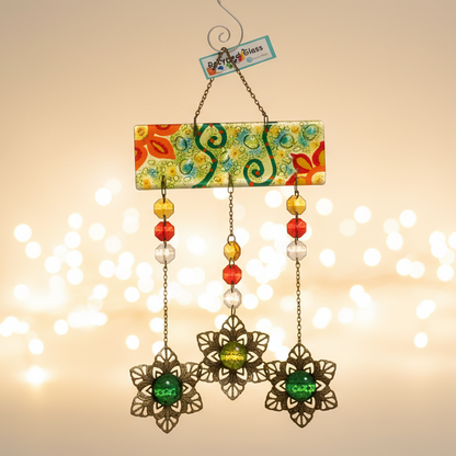 Green Hand painted Recycled Glass hanging decoration. Handmade fused glass ornament. Colorful home decor.