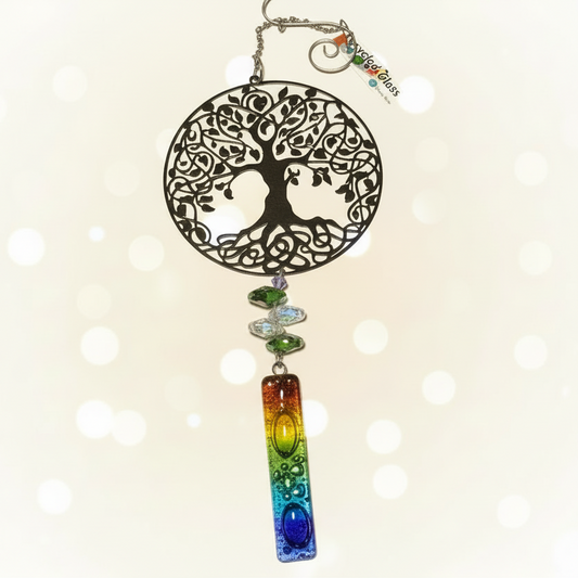 Tree of Life hanging decoration. Handmade fused glass ornament. Colorful home decor.