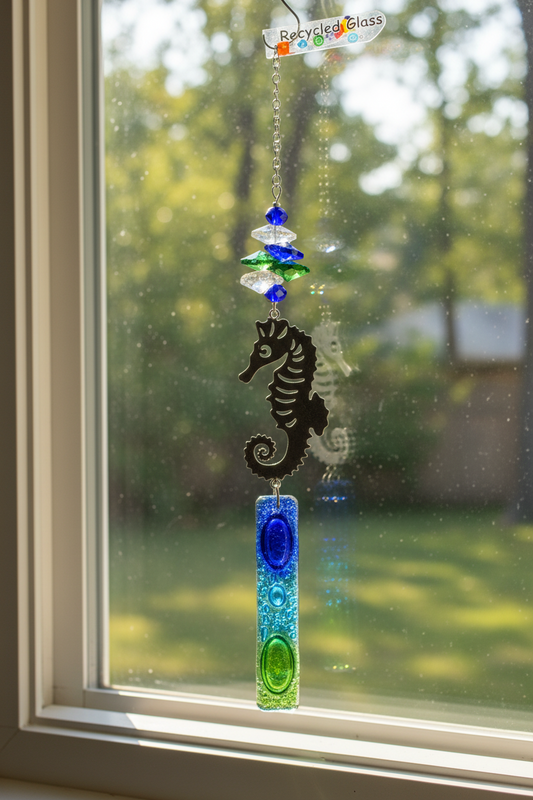 Seahorse hanging decoration. Hand made fused glass ornament. Colorful home decor. Beach