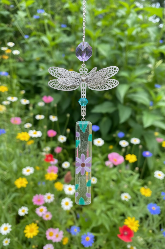 Dragonfly hanging decoration. Handmade fused glass ornament. Colorful home decor.