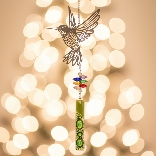 Hummingbird hanging decoration. Hand made fused glass ornament. Colorful gift. Colorful