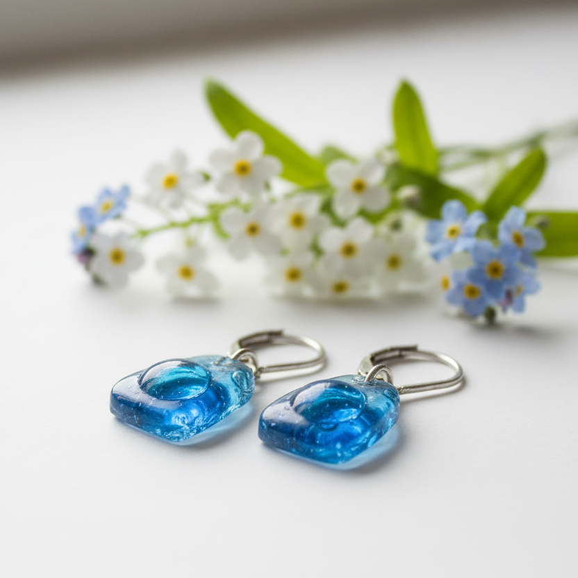 Leverback hook Dangle blue earrings . CHOOSE WIRE HOOK, handmade Long Earrings Recycled fused glass beads. Handcrafted. Casual Colorful earrings. Best gift for her. Bubbles