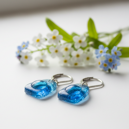 Leverback hook Dangle blue earrings . CHOOSE WIRE HOOK, handmade Long Earrings Recycled fused glass beads. Handcrafted. Casual Colorful earrings. Best gift for her. Bubbles