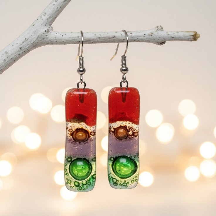 Recycled Fused Glass Drop  Earrings. Red, green, lilac and  brown Dangle Earrings.PLEASE CHOOSE WIRE HOOK