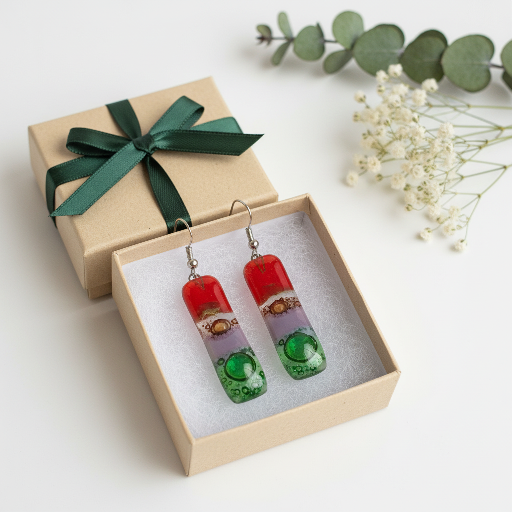 Recycled Fused Glass Drop  Earrings. Red, green, lilac and  brown Dangle Earrings.PLEASE CHOOSE WIRE HOOK