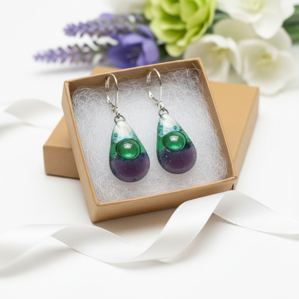 Fused Glass small Teardrop earrings. Lilac, white and green Drop earrings- Recycled Fused Glass dangle Earrings.