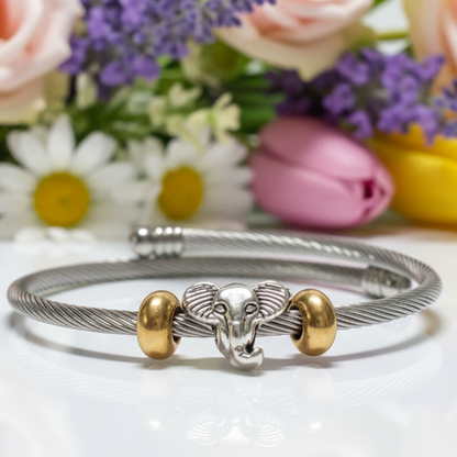 Elephant Stainless Expandable twisted Steel Bracelet Glass Charm Bead. Easy to put on adjustable stretch memory wire. One size fits most