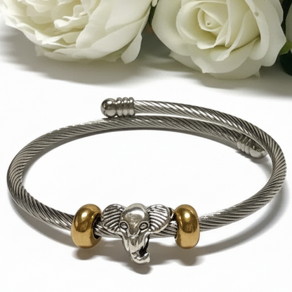 Elephant Stainless Expandable twisted Steel Bracelet Glass Charm Bead. Easy to put on adjustable stretch memory wire. One size fits most