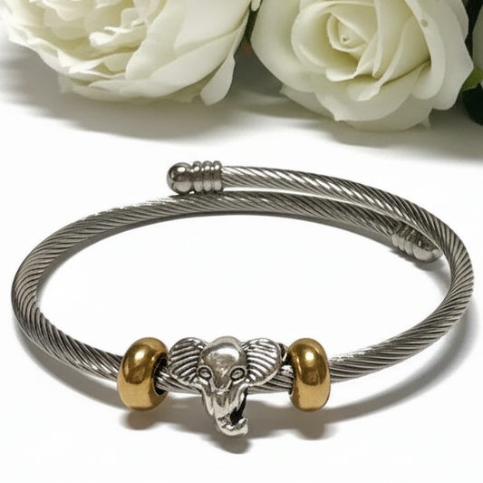 Elephant Stainless Expandable twisted Steel Bracelet Glass Charm Bead. Easy to put on adjustable stretch memory wire. One size fits most