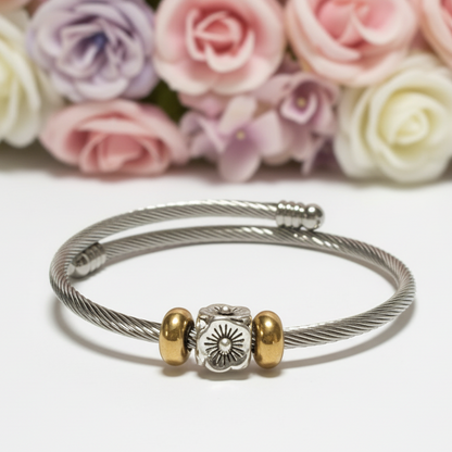 Flower Stainless Steel Bracelet Glass Charm Bead. Easy to put on adjustable stretch memory wire. One size fits most