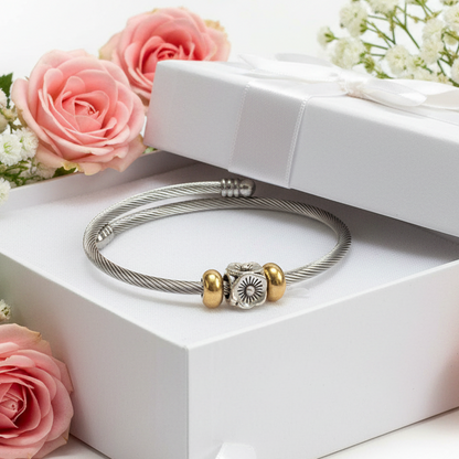 Flower Stainless Steel Bracelet Glass Charm Bead. Easy to put on adjustable stretch memory wire. One size fits most