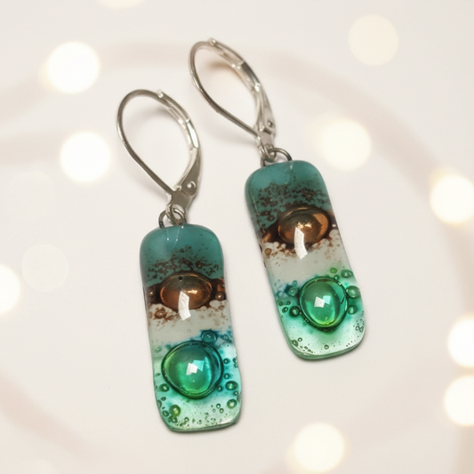 Small bar rectangle Dangle Earrings Recycled Glass. Fused drop Glass. Green, White, Teal and  brown drop earrings. CHOOSE EARRING HOOK