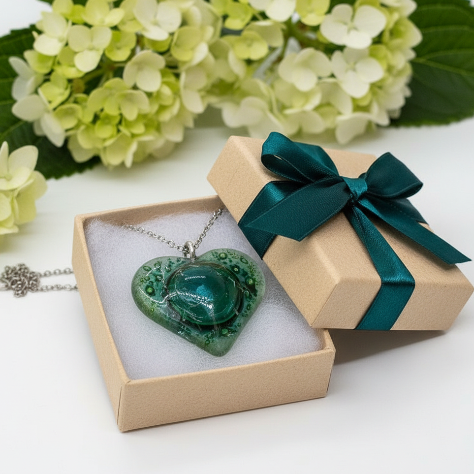 Green Heart shape Recycled Fused Glass Necklace limited edition. Heart pendant