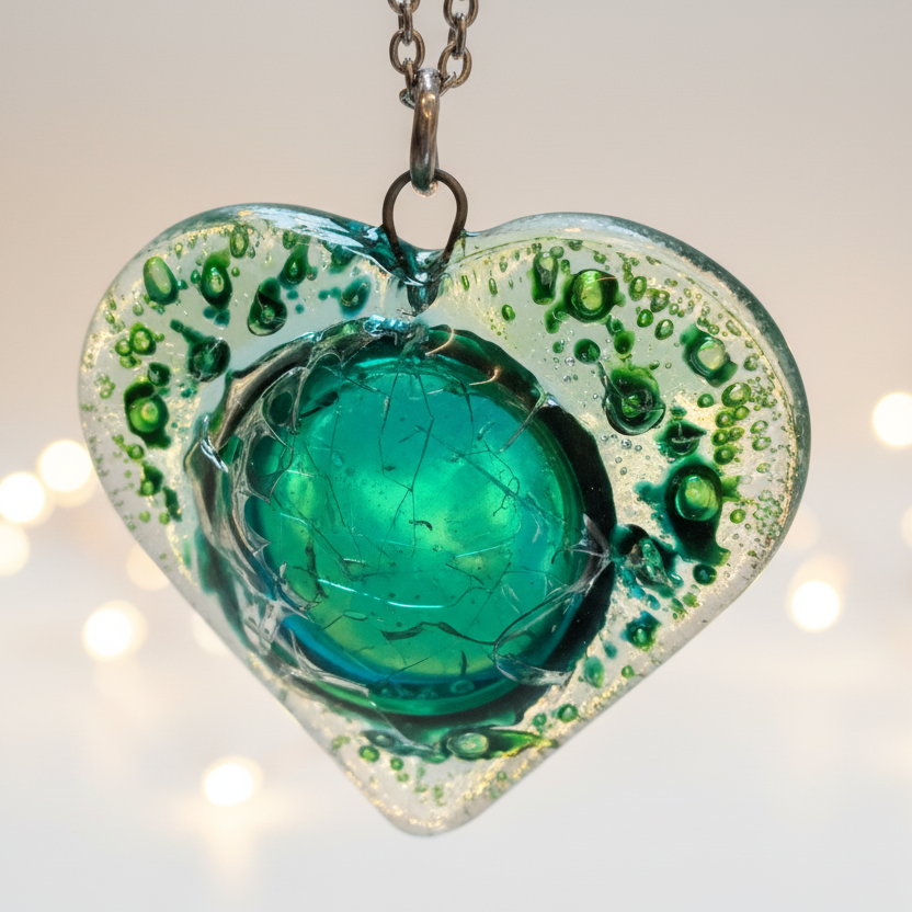 Green Heart shape Recycled Fused Glass Necklace limited edition. Heart pendant