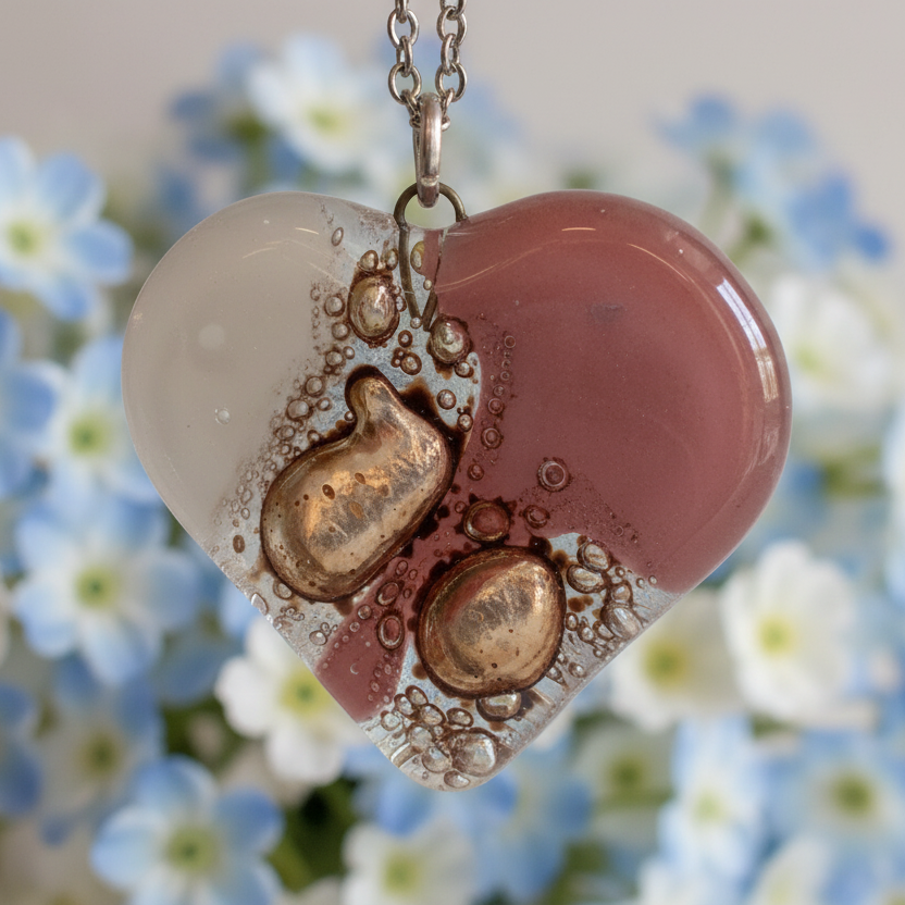 Pale pink, white and light brown Heart shape Recycled Fused Glass Necklace limited edition. Heart pendant