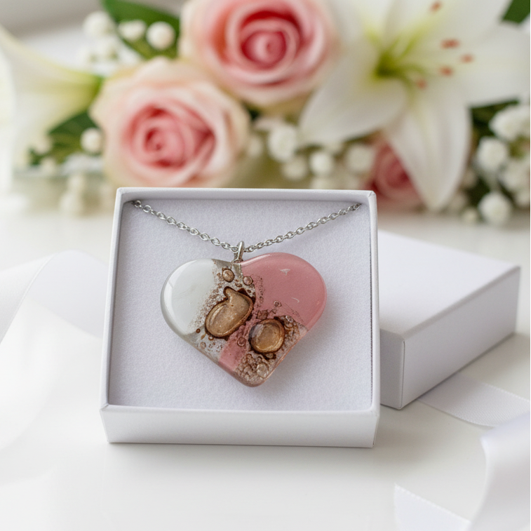 Pale pink, white and light brown Heart shape Recycled Fused Glass Necklace limited edition. Heart pendant