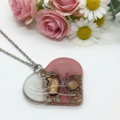 Pale pink, white and light brown Heart shape Recycled Fused Glass Necklace limited edition. Heart pendant