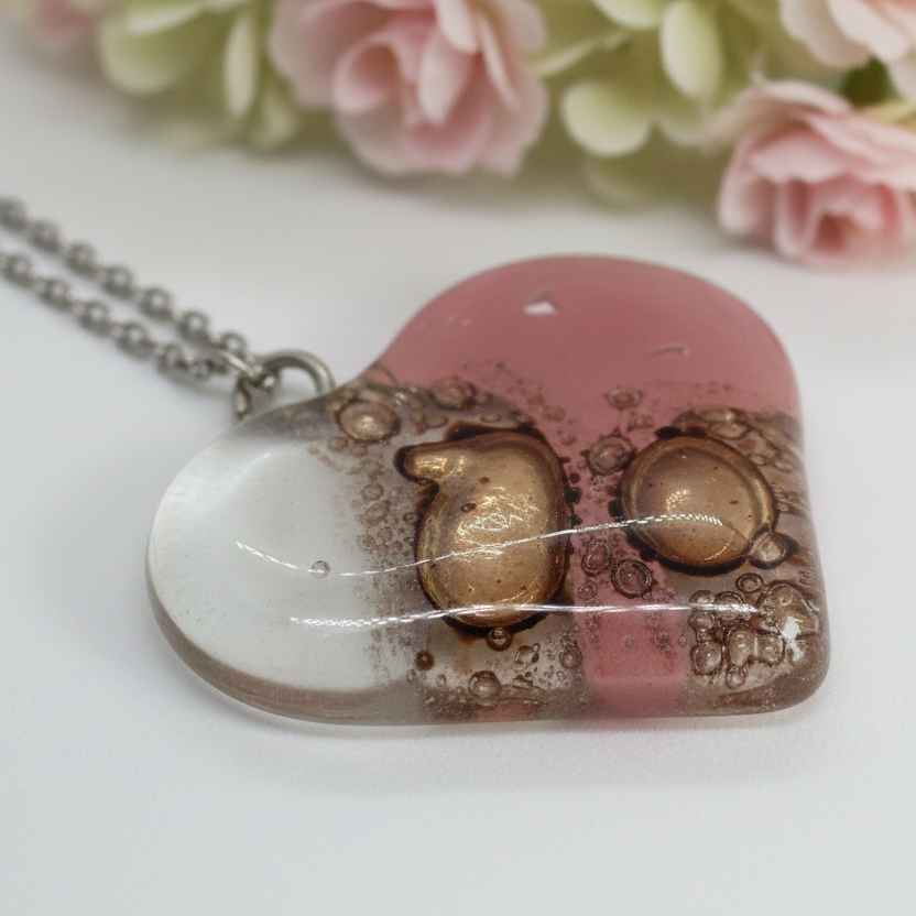 Pale pink, white and light brown Heart shape Recycled Fused Glass Necklace limited edition. Heart pendant
