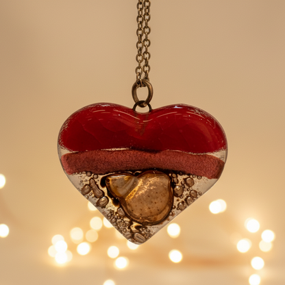 Nice color re, copper and brown Heart shape Recycled Fused Glass Necklace limited edition. Heart pendant