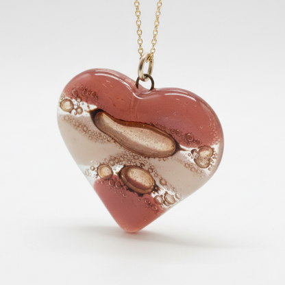 Pink,  brown and white Heart shape Recycled Fused Glass Necklace limited edition. Heart pendant