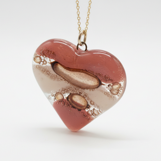 Pink,  brown and white Heart shape Recycled Fused Glass Necklace limited edition. Heart pendant