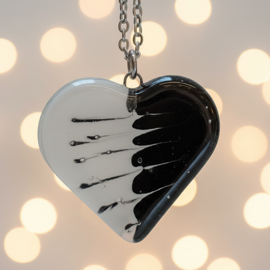 Black and white Heart shape Recycled Fused Glass Necklace limited edition. Heart pendant
