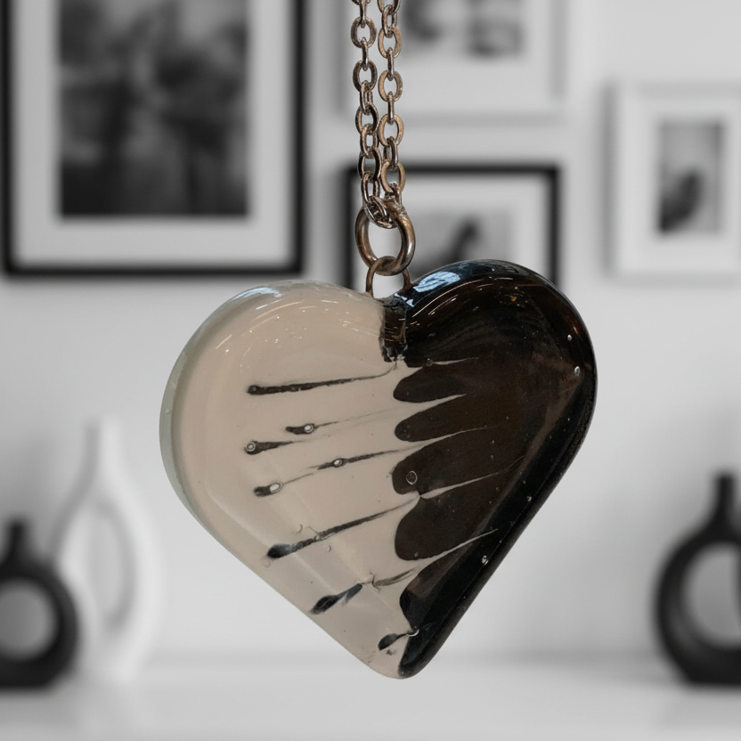 Black and white Heart shape Recycled Fused Glass Necklace limited edition. Heart pendant