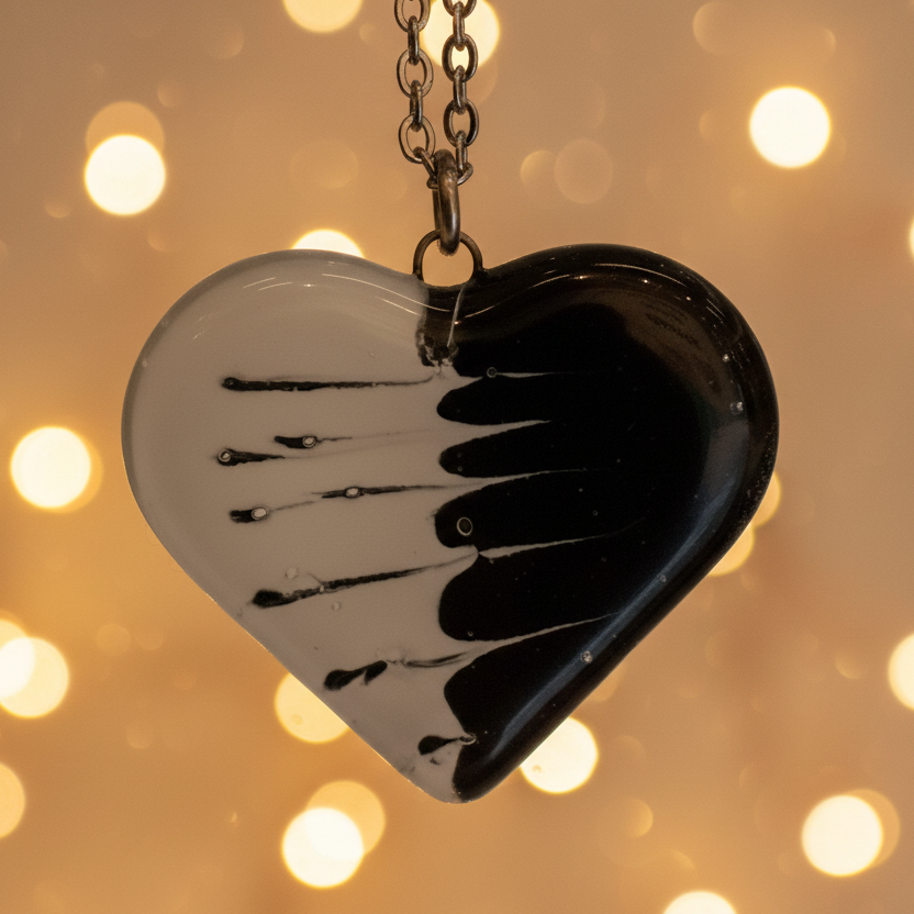 Black and white Heart shape Recycled Fused Glass Necklace limited edition. Heart pendant