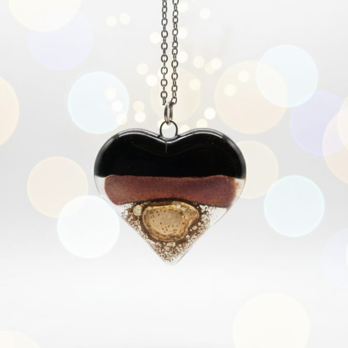 Black, copper and brown Heart shape Recycled Fused Glass Necklace limited edition. Heart pendant