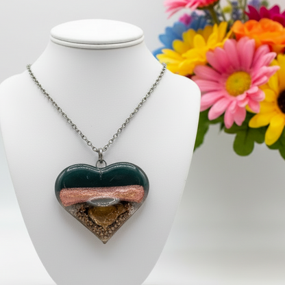 Black, copper and brown Heart shape Recycled Fused Glass Necklace limited edition. Heart pendant