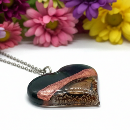 Black, copper and brown Heart shape Recycled Fused Glass Necklace limited edition. Heart pendant