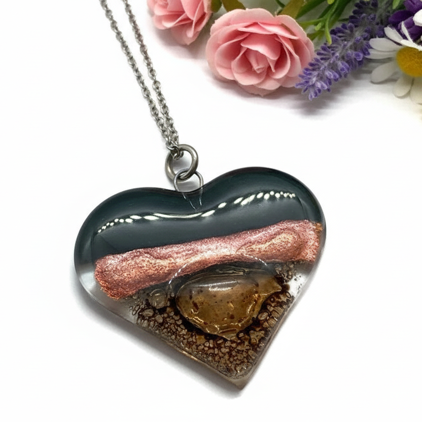 Black, copper and brown Heart shape Recycled Fused Glass Necklace limited edition. Heart pendant