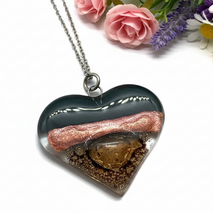 Black, copper and brown Heart shape Recycled Fused Glass Necklace limited edition. Heart pendant