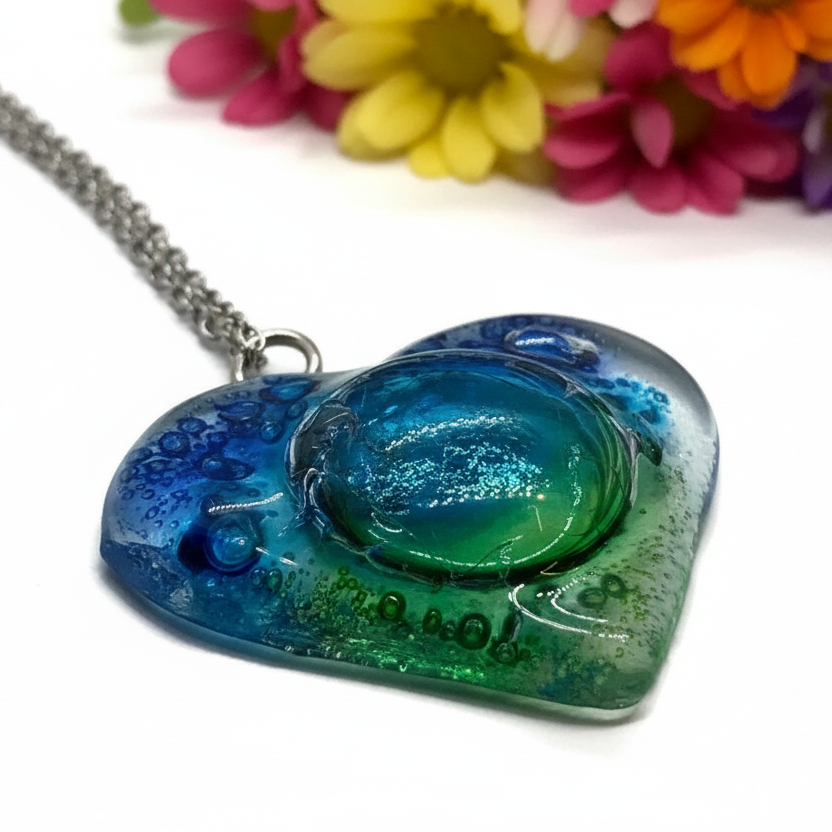 Blue Turquoise and green Heart shape Recycled Fused Glass Necklace limited edition. Heart pendant