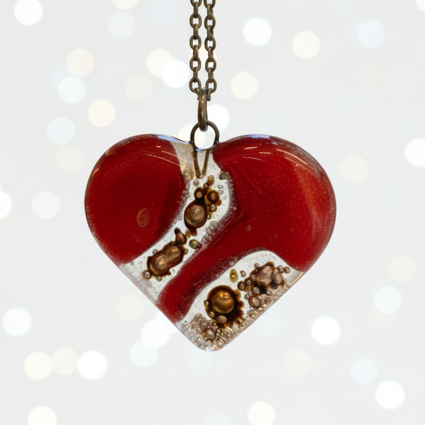 Red and caramel brown Heart shape Recycled Fused Glass Necklace limited edition. Heart pendant