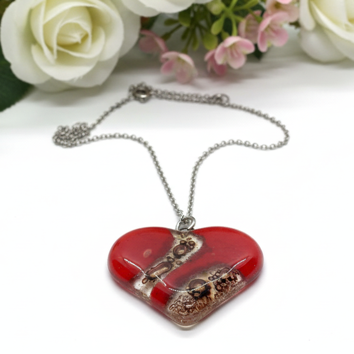 Red and caramel brown Heart shape Recycled Fused Glass Necklace limited edition. Heart pendant