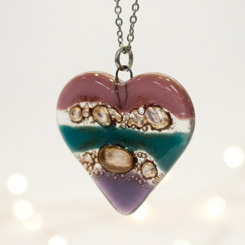 Pink, teal, brown and lilac Heart shape Recycled Fused Glass Necklace limited edition. Heart pendant
