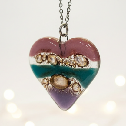 Pink, teal, brown and lilac Heart shape Recycled Fused Glass Necklace limited edition. Heart pendant