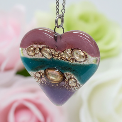 Pink, teal, brown and lilac Heart shape Recycled Fused Glass Necklace limited edition. Heart pendant